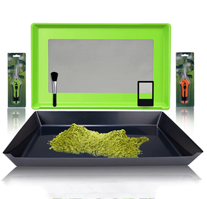 Trimm Tray Set mit Pollensieb – Ernteschale mit 150 µm Sieb, 2 Scheren, Bürste & Zubehör | Trimmhilfe für Kräuter & Pollen