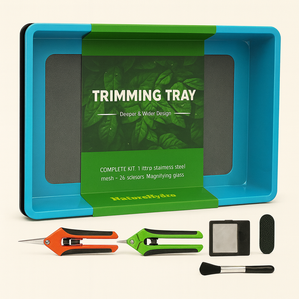 Trimm Tray Set mit Pollensieb – Ernteschale mit 150 µm Sieb, 2 Scheren, Bürste & Zubehör | Trimmhilfe für Kräuter & Pollen
