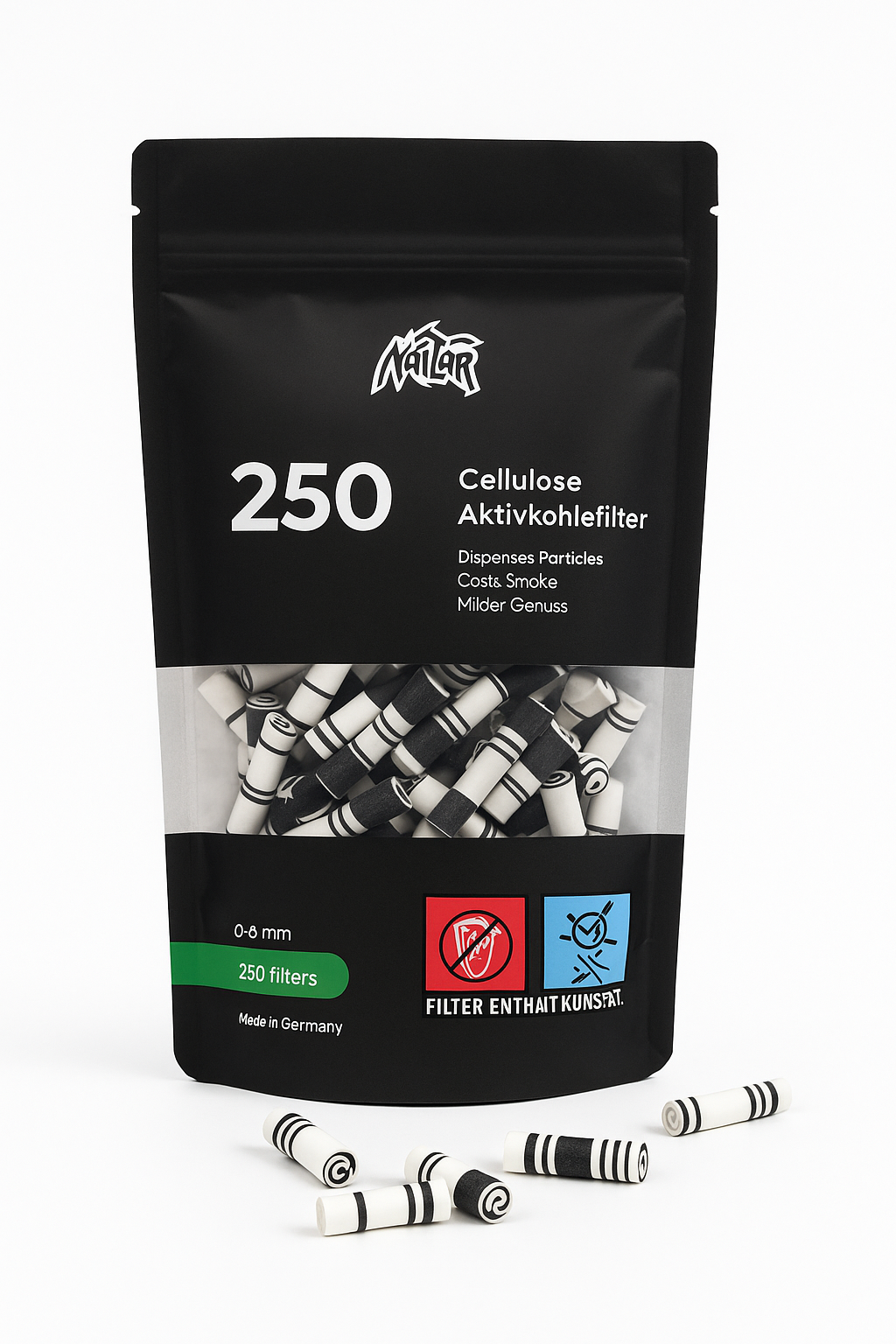 Kailar Aktivkohlefilter Slim Mixed 6mm – 250 Stück | Vegane Cellulose Filter Made in Germany