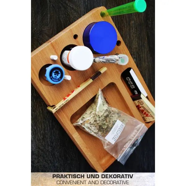 Rolling Tray StonerBox aus Buchenholz 23x16 cm – Praktisches Dreh- und Aufbewahrungsbrett für Grinder, Papers & Filter