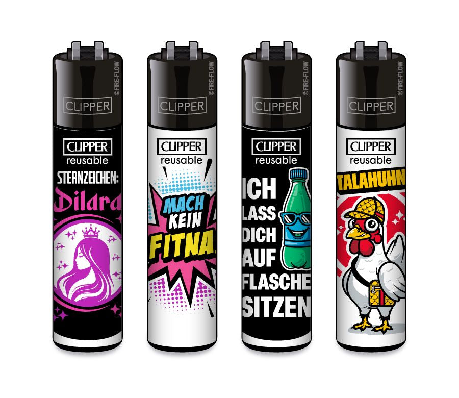 Clipper Feuerzeug Original – 4er Set – verschiedene Motive – nachfüllbar – Reibrad