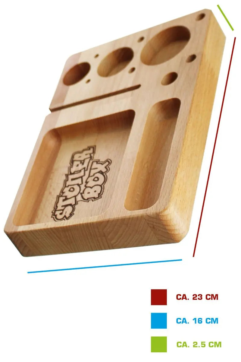 Rolling Tray StonerBox aus Buchenholz 23x16 cm – Praktisches Dreh- und Aufbewahrungsbrett für Grinder, Papers & Filter