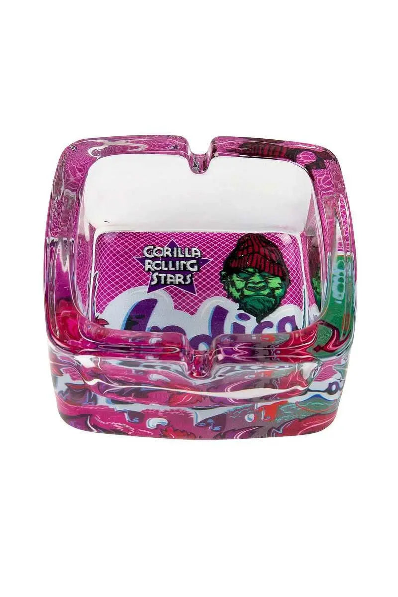 Ape Bro Glas-Aschenbecher – Premium Square Ashtray in 3 Designs (grün, orange, lila)