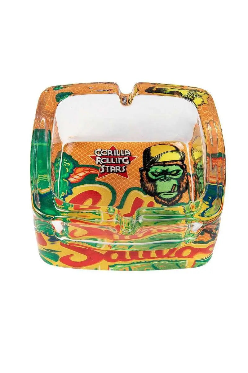 Ape Bro Glas-Aschenbecher – Premium Square Ashtray in 3 Designs (grün, orange, lila)