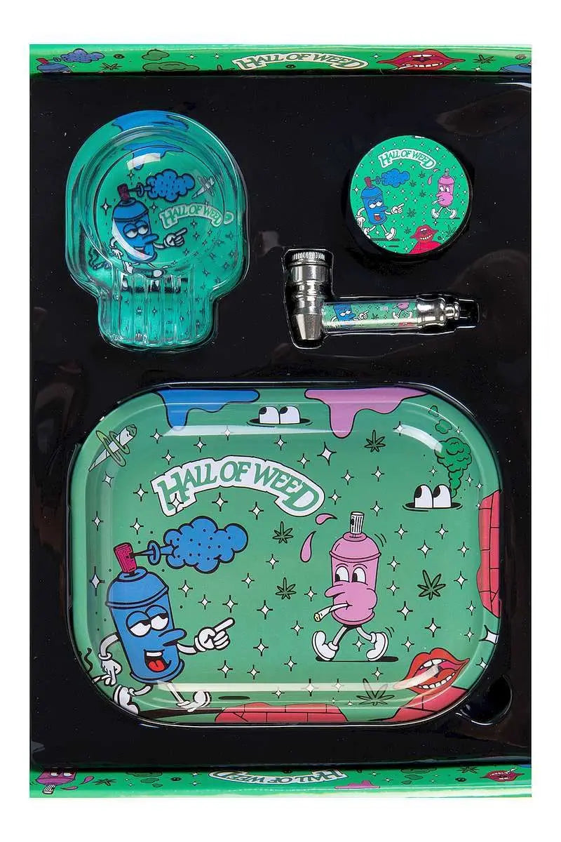 Hall of Weed Raucherset – Komplettset mit Tray, Aschenbecher, Grinder & Pfeife (3 Designs wählbar)