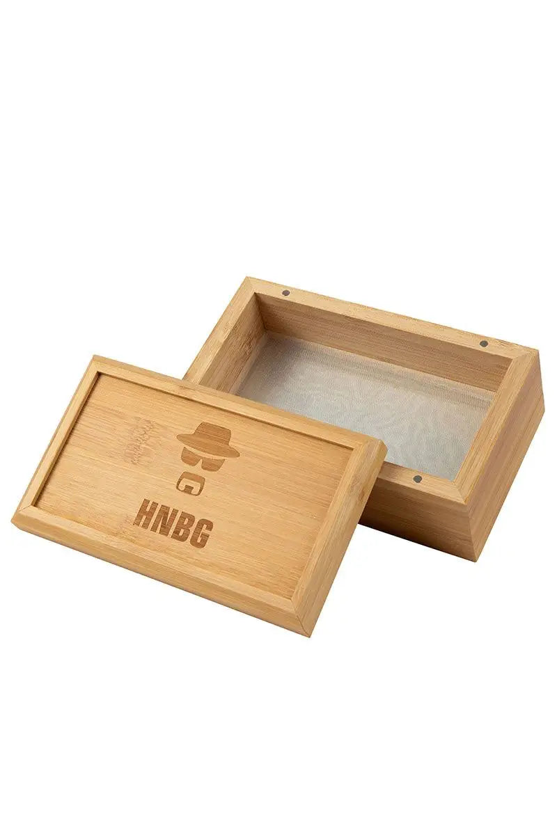 HNBG Siebbox aus Bambus – 3-lagige Pollenbox mit Sieb und Spiegelboden (15,5 × 9 × 6 cm)