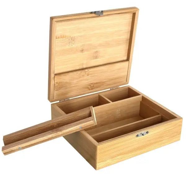 Rolling Box Typ 3 aus Bambus – 19×17×6 cm | Organizer mit mehreren Fächern & V-Block Drehhilfe | Personalisierbar