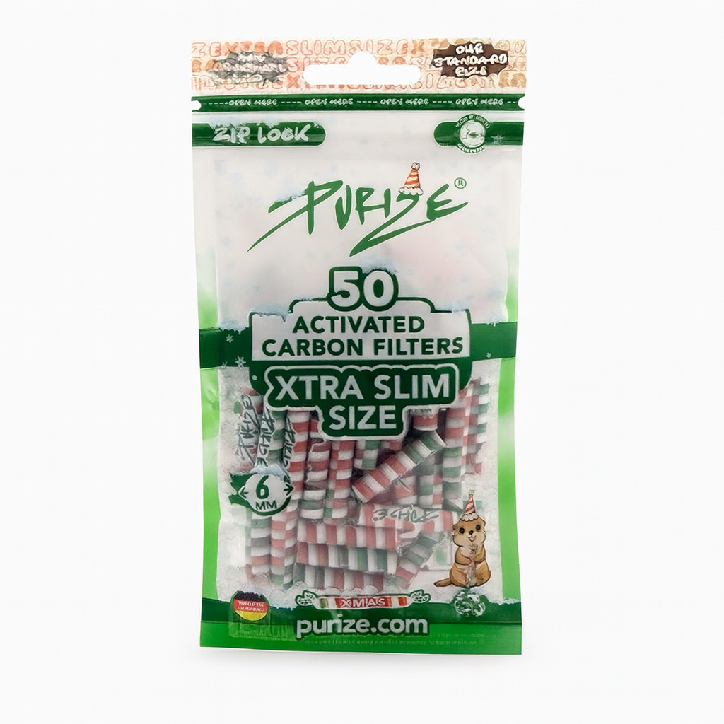 Purize Aktivkohlefilter XTRA Slim 6mm XMAS Edition 50 Stueck Limited Weihnachts Design Kokos Aktivkohle