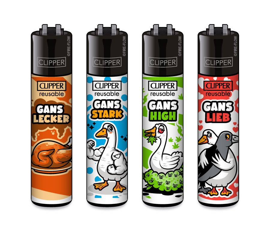 Clipper Feuerzeug Original – 4er Set – verschiedene Motive – nachfüllbar – Reibrad