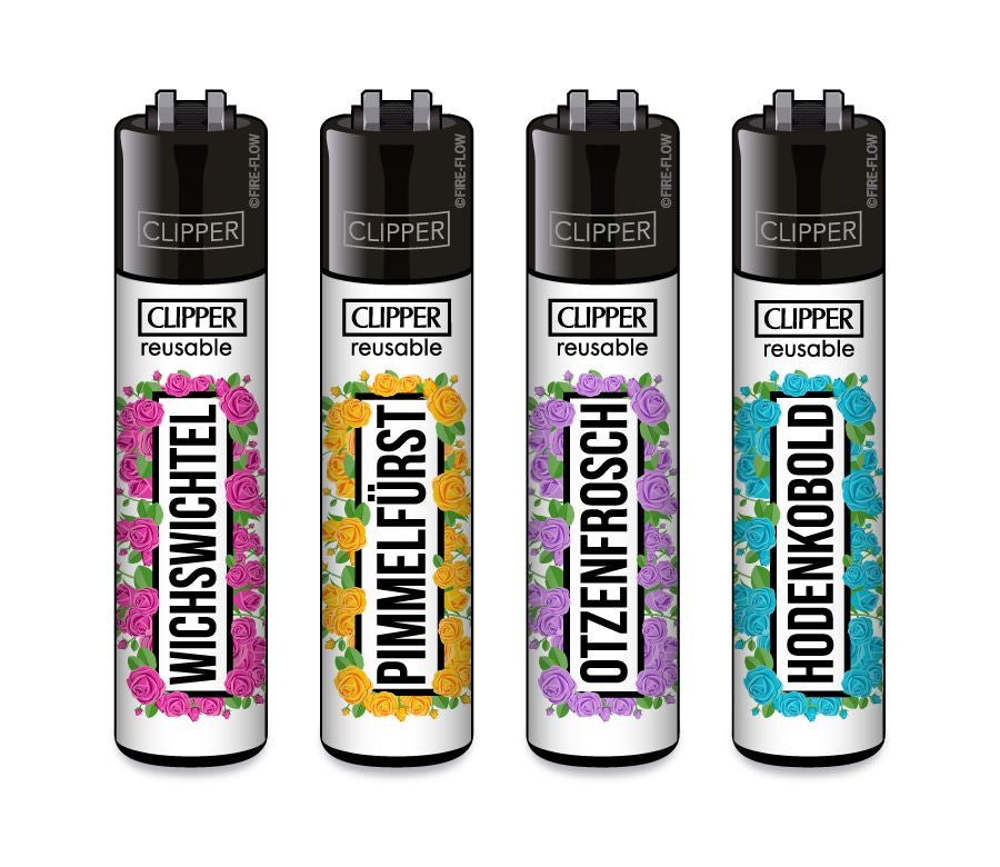 Clipper Feuerzeug Original – 4er Set – verschiedene Motive – nachfüllbar – Reibrad