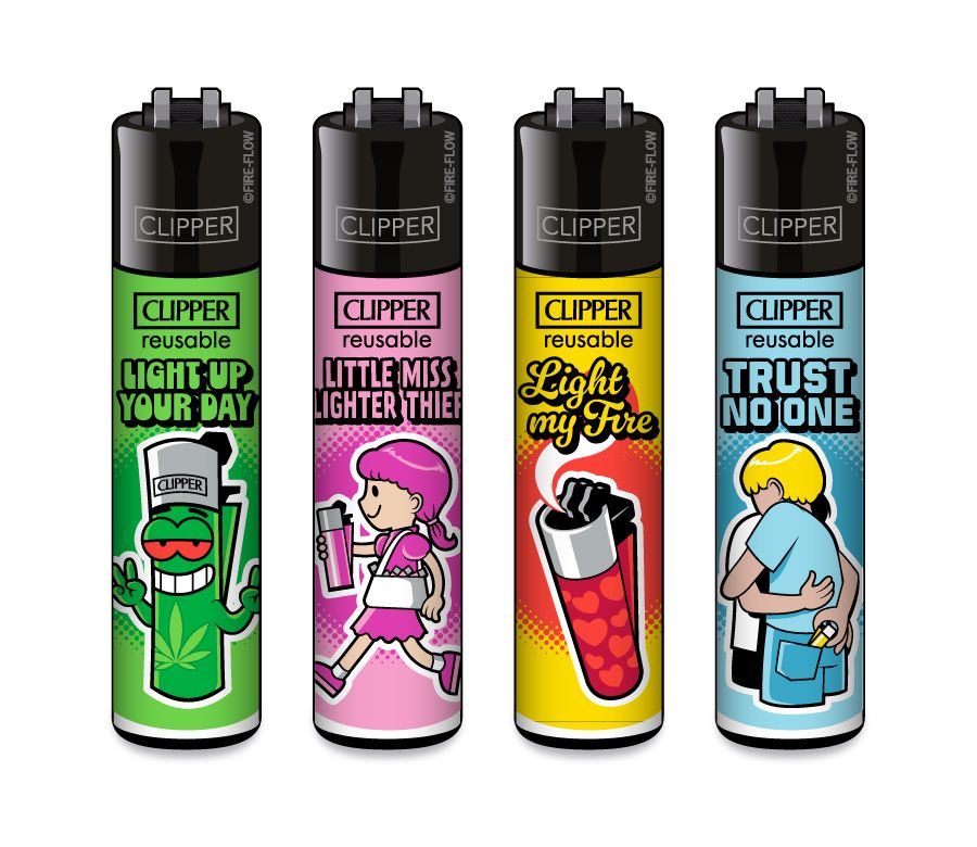 Clipper Feuerzeug Original – 4er Set – verschiedene Motive – nachfüllbar – Reibrad