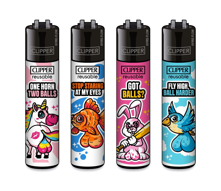 Clipper Feuerzeug Original – 4er Set – verschiedene Motive – nachfüllbar – Reibrad