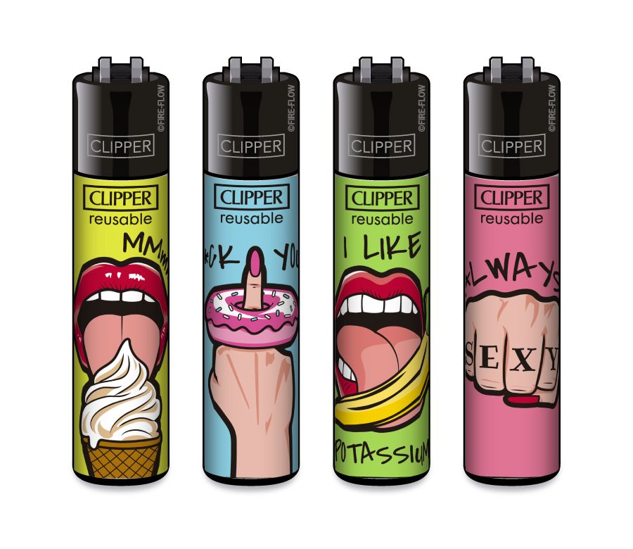 Clipper Feuerzeug Original – 4er Set – verschiedene Motive – nachfüllbar – Reibrad